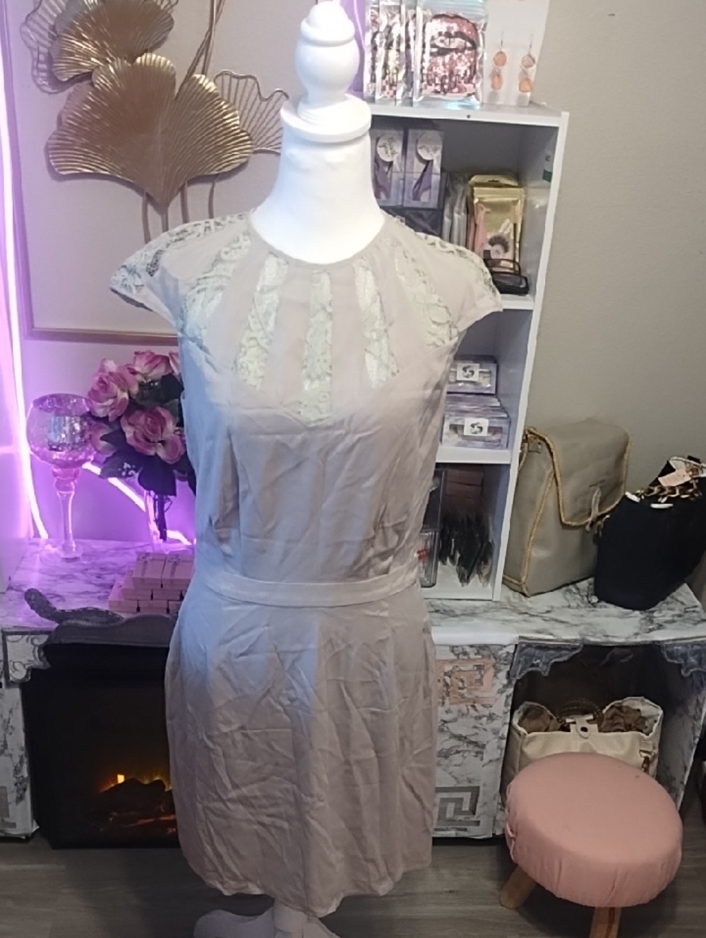 Cream Lace Yoke Cap Sleeve Mini Dress - Elegant Everyday